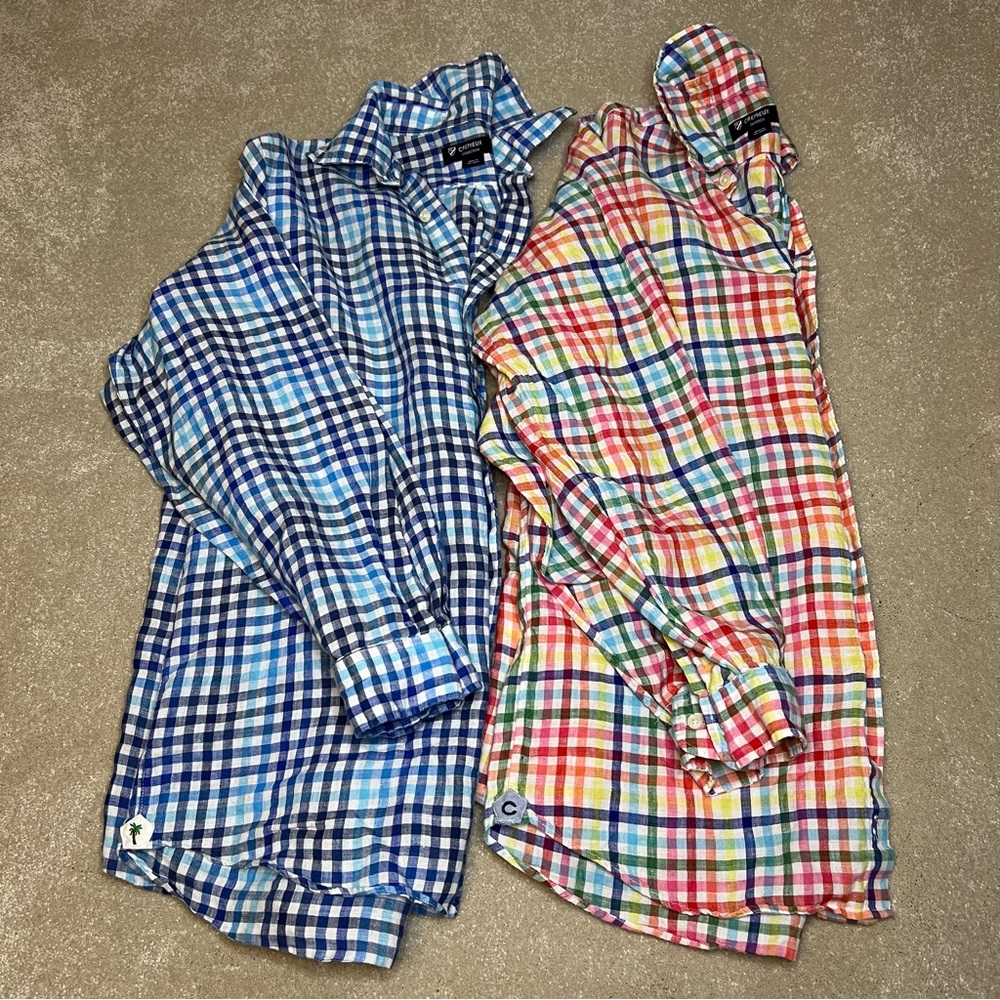 Daniel Cremieux Pair Plaid 100% Linen Button Up Long Sleeve‎ Shirts Men's Medium